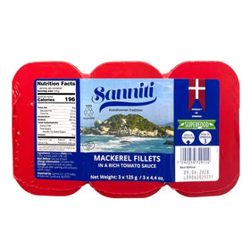 Sanniti Mackerel Fillets in Rich Tomato Sauce Canned, a protein-packed pantry staple.