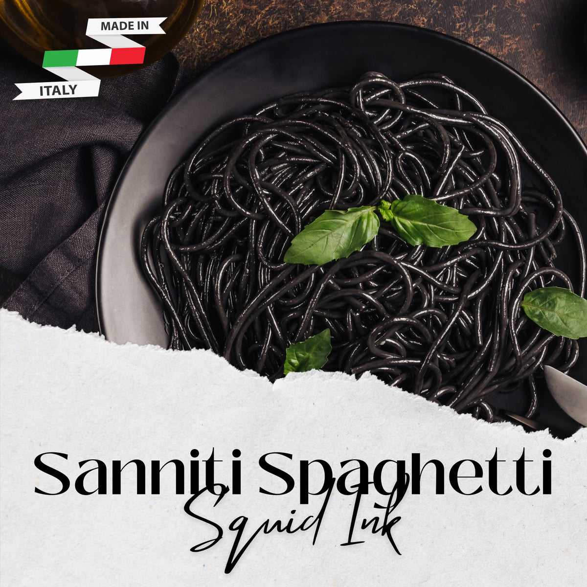 Sanniti Nero di Seppia pasta bowl scene, seafood pairing ready.