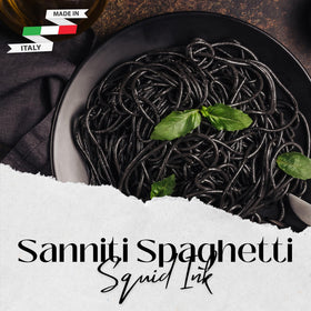 Sanniti Nero di Seppia pasta bowl scene, seafood pairing ready.