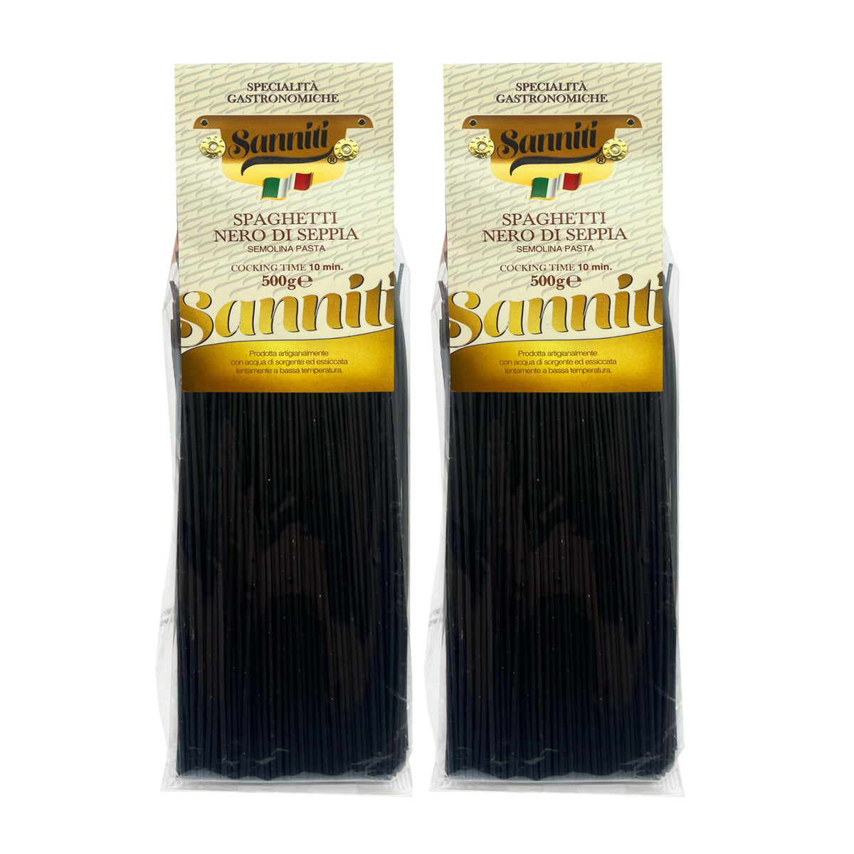 Sanniti Nero di Seppia spaghetti pack-2, uncooked strands, ideal for bold, restaurant-style pasta.