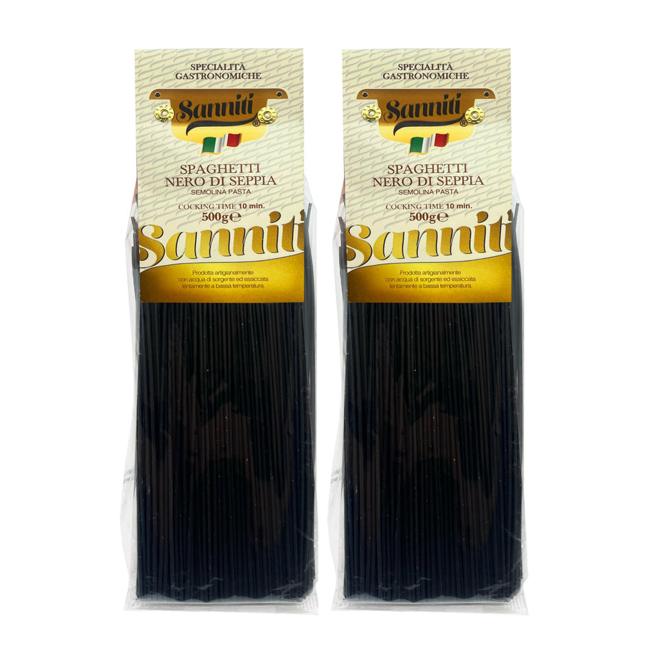 Sanniti Nero di Seppia spaghetti pack-2, uncooked strands, ideal for bold, restaurant-style pasta.