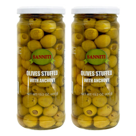 Sanniti olives stuffed with anchovies front view, a gourmet snack ready to share.