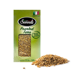 Cooked Sanniti pearled farro Perlato in a herb-infused bowl