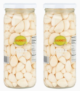 Sanniti pickled garlic bottle front, ideal for quick snacks on cheese boards