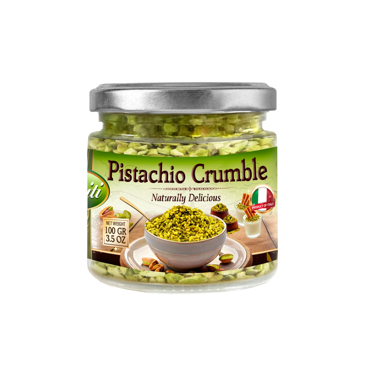 Sanniti Pistachio Crumble jar close-up highlighting Italian quality for toppings.