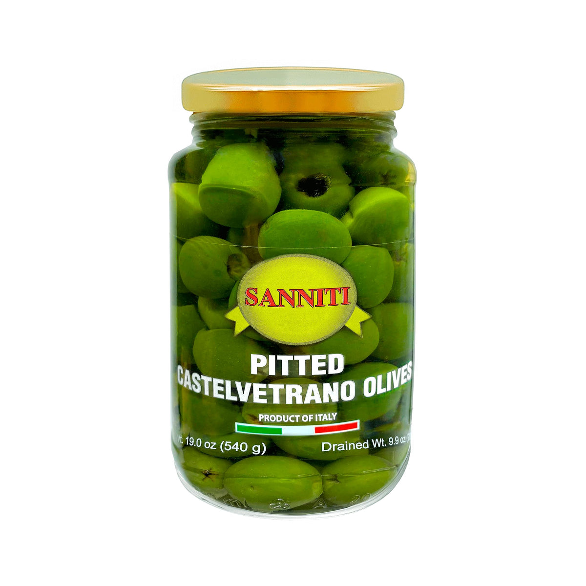 Sanniti Pitted Castelvetrano olives in a jar with a smooth butter-like finish