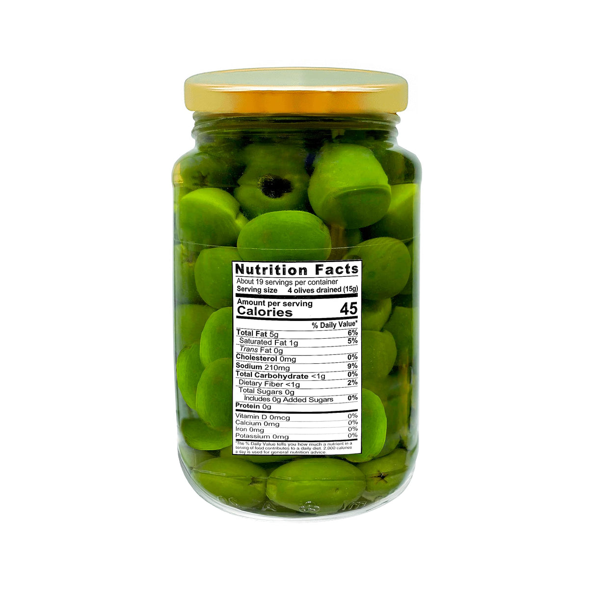 Close-up of Sanniti olives in a jar highlighting green color