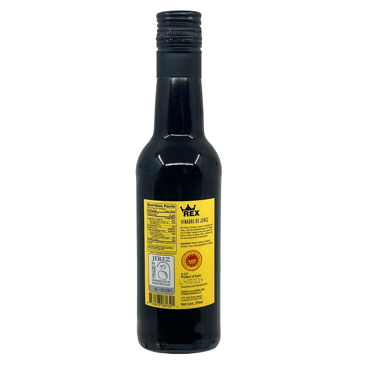 Close-up of Sanniti REX Sherry Vinegar label highlights D.O.P. quality.