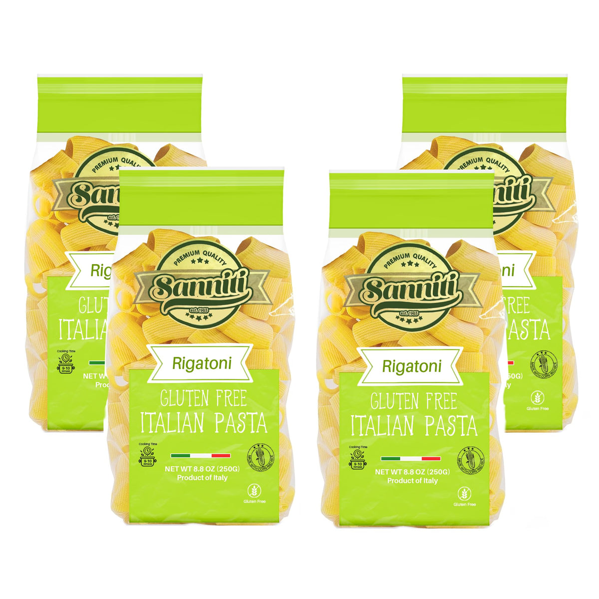 Sanniti gluten-free rigatoni pasta pack, ideal for quick gluten-free Italian meals.