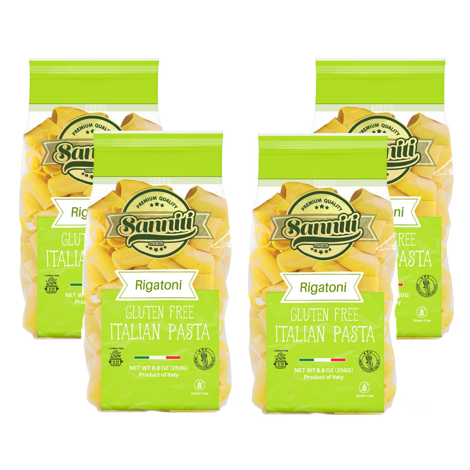 Sanniti gluten-free rigatoni pasta pack, ideal for quick gluten-free Italian meals.