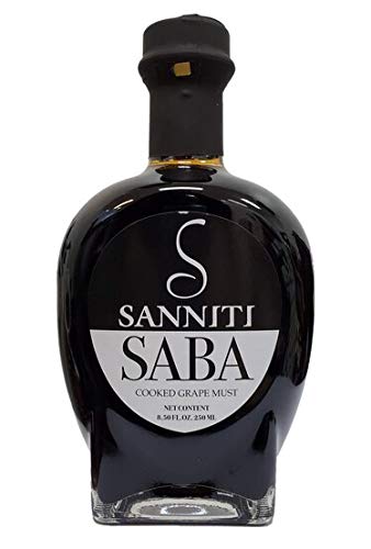 Sanniti Saba bottle close-up showing Italian cooked grape must for finishing touches