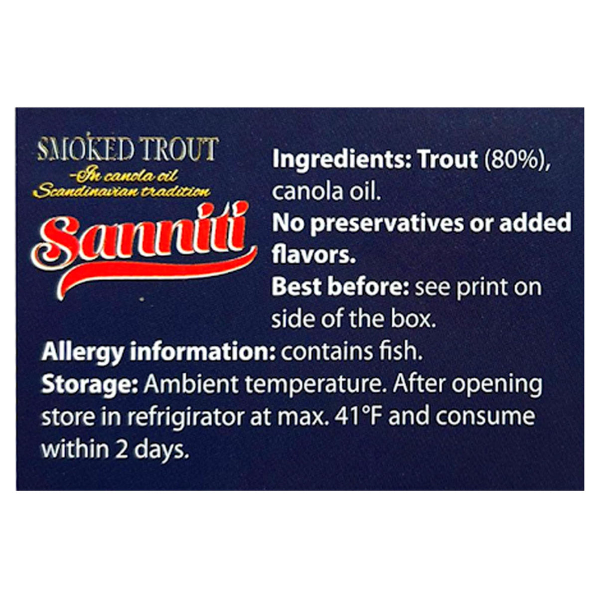 Sanniti smoked trout in oil tin label detail highlights Denmark origin