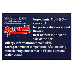 Sanniti smoked trout in oil tin label detail highlights Denmark origin