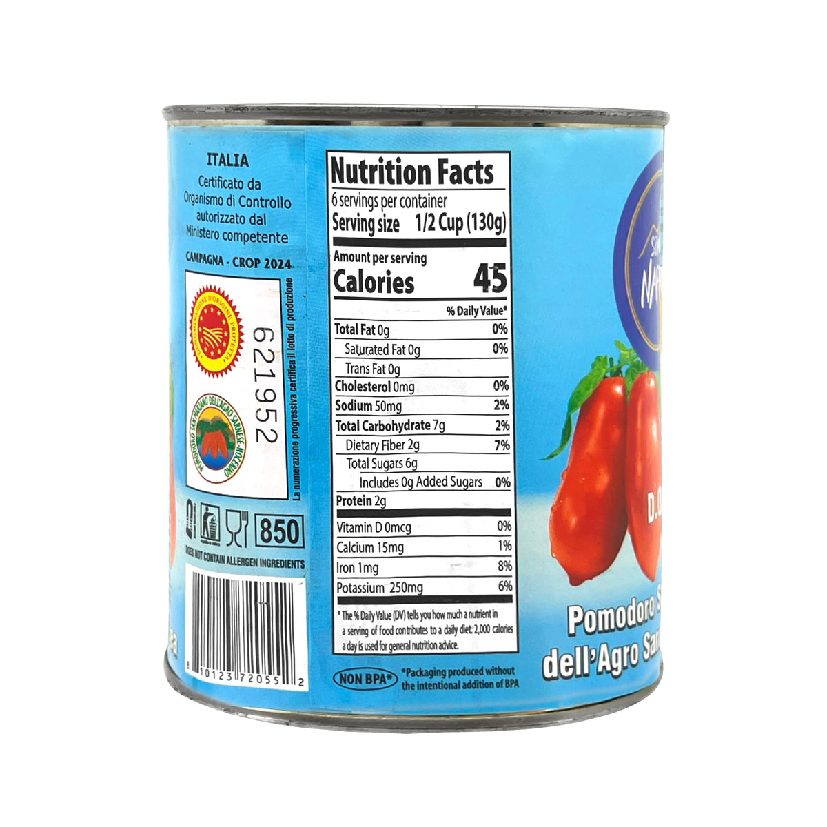 Sanniti Song' E Napule DOP cans in pack emphasize convenient cooking value.