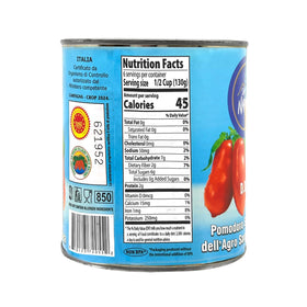 Sanniti Song' E Napule DOP cans in pack emphasize convenient cooking value.