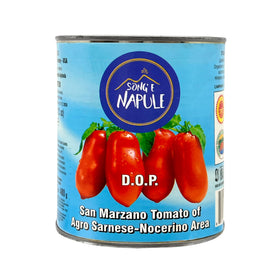 Sanniti Song' E Napule DOP tomatoes close-up shows plump bright flesh for sauces.