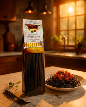 Sanniti spaghetti nero di seppia plated dish, dramatic color enhances presentation.