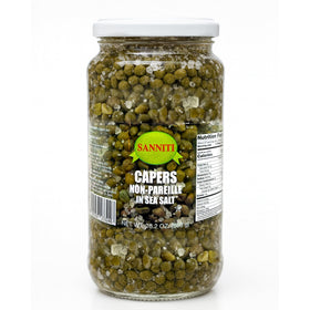 Sanniti Spanish capers nonpareille jar in sea salt, ready to rinse for delicate flavors.