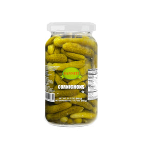 Sanniti Spanish Cornichons jar front view, crisp tangy snacks.