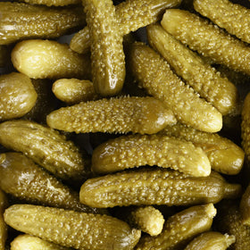 Sanniti Spanish Cornichons jar side view showing label.