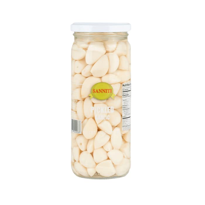 Sanniti Spanish Pickled Garlic in a glass jar enhances sauces