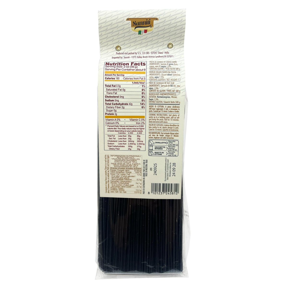 Sanniti Nero di Seppia pasta uncooked closeup, vibrant color inspires bold dishes.