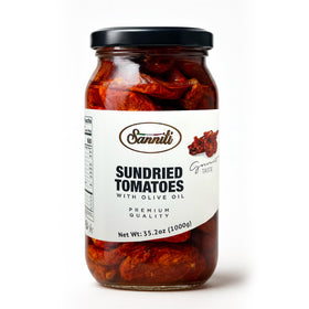Sanniti sun dried tomatoes in olive oil jar closeup with vibrant color for rich sauces.
