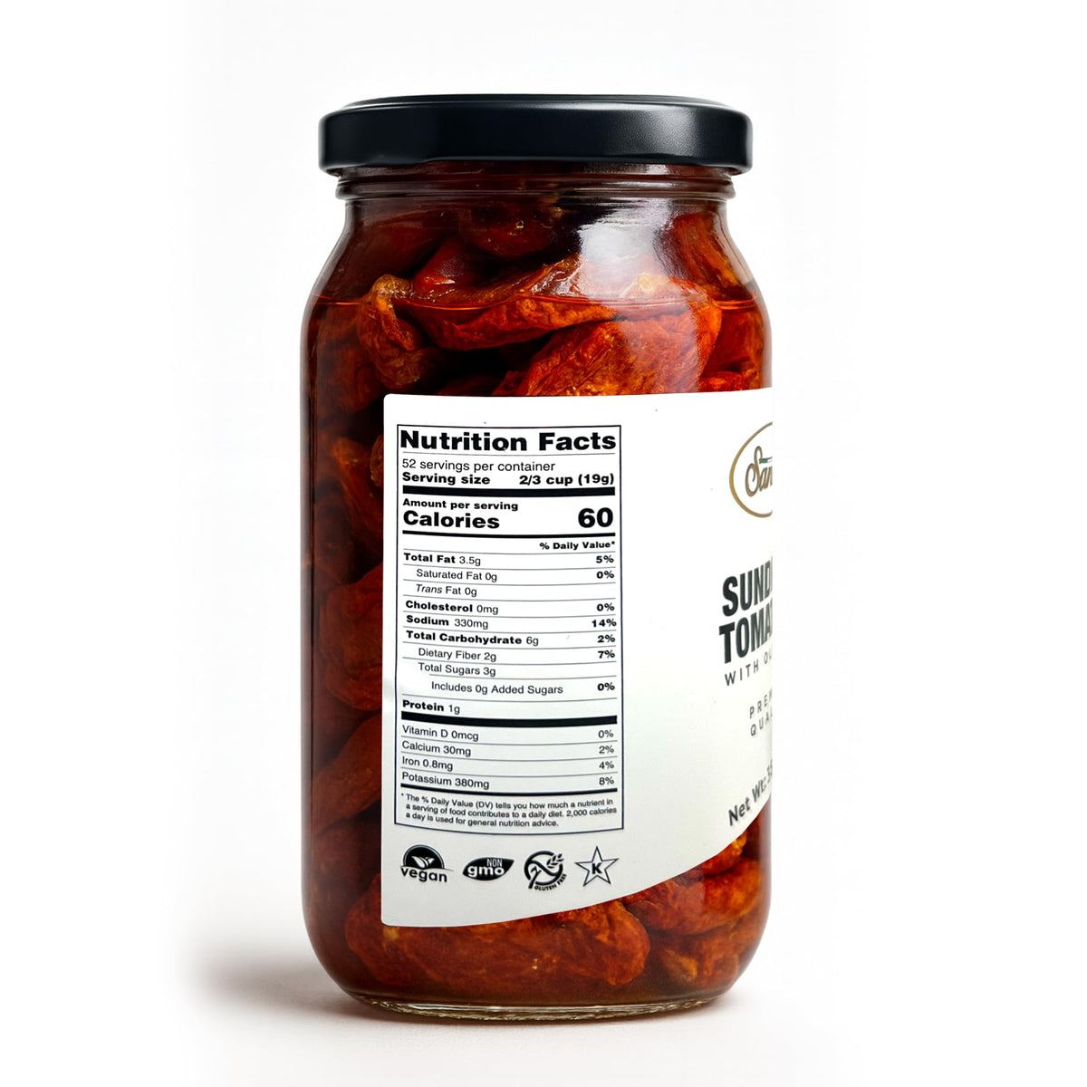 Sanniti sun dried tomatoes in olive oil jar label highlights premium quality.