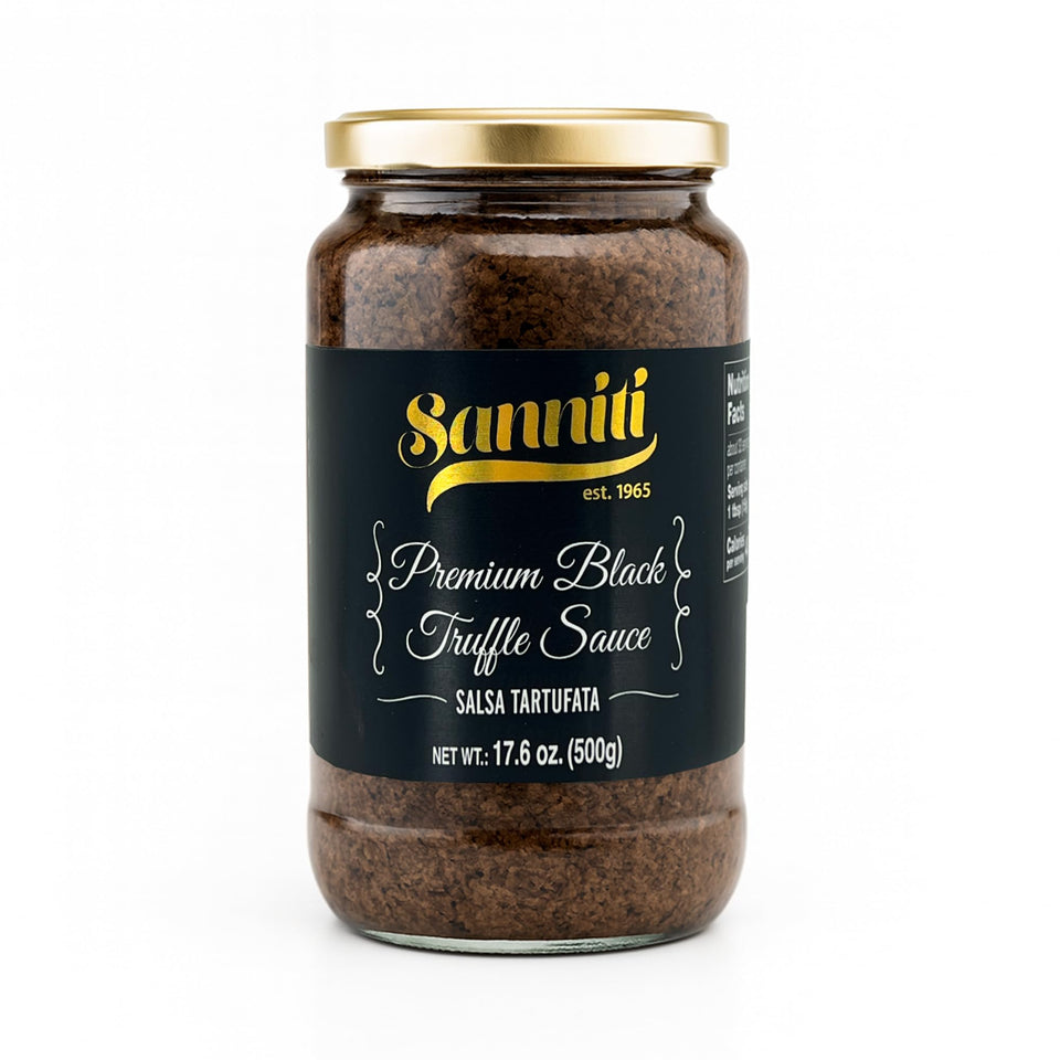 Sanniti Tartufata sauce bottle top view enhances refined truffle aroma for starters.