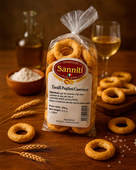 Golden taralli rings close-up, lightly seasoned with wine