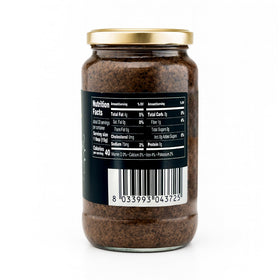 Sanniti Tartufata sauce jar closeup shows rich mushrooms and summer truffle notes.