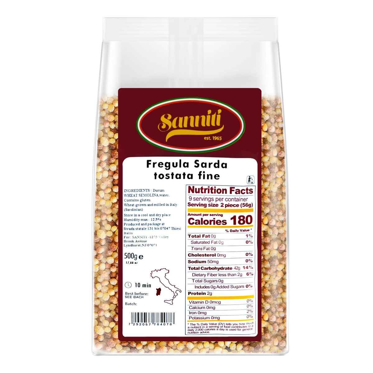 Sanniti toasted fregola sarda beads close-up highlighting nutty texture for sauces.
