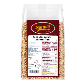 Sanniti toasted fregola sarda beads close-up highlighting nutty texture for sauces.