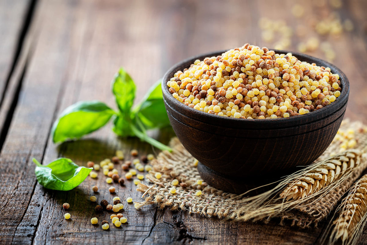Sanniti fregola sarda grains from Sardinia highlight Italian origin.