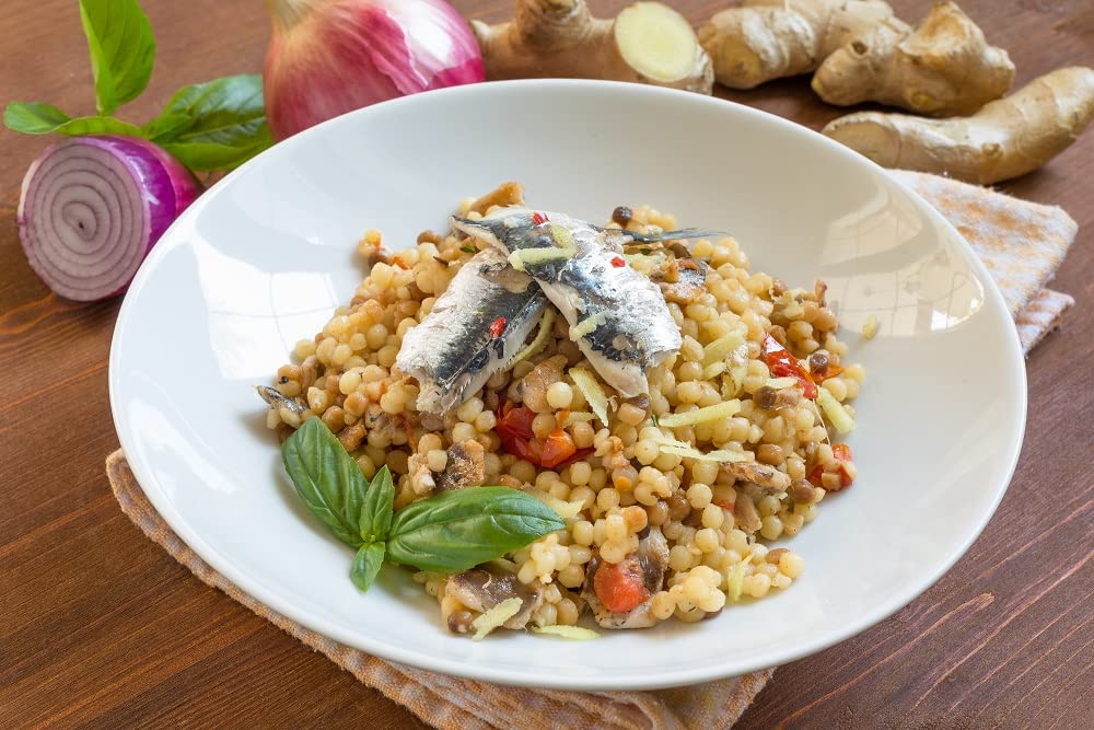 Beads of Sanniti fregola ready for hearty soups and sauces.