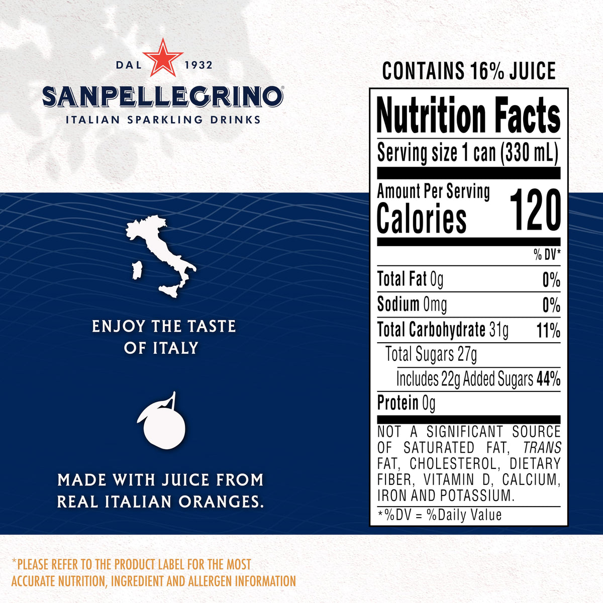 Sanpellegrino Aranciata over ice with bright citrus lift.