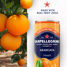 Sanpellegrino Aranciata close-up can label, authentic Italian flavor.