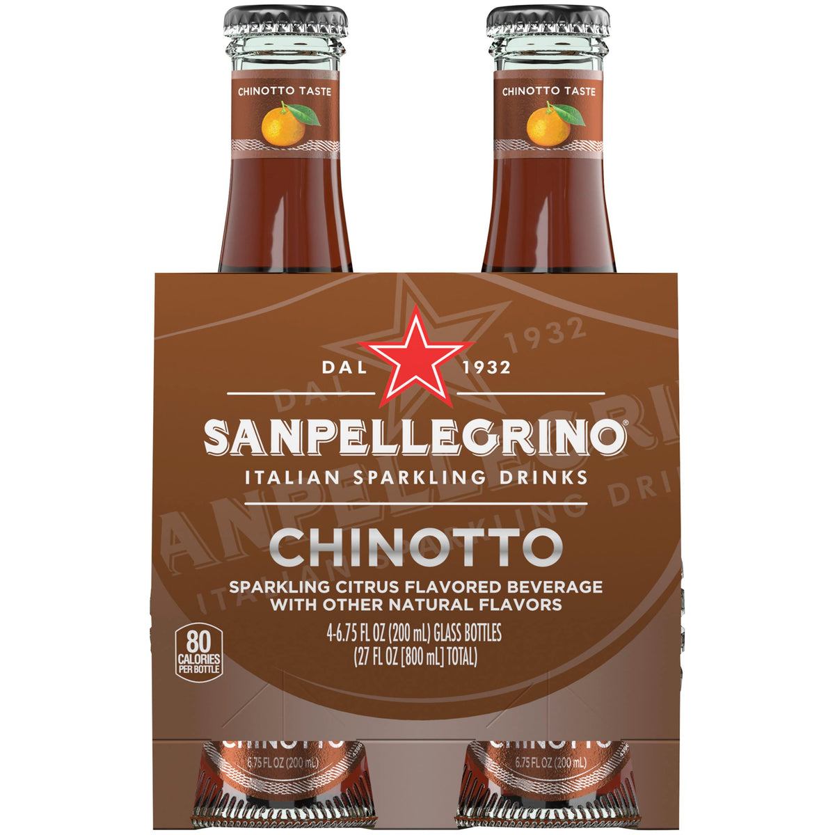 Sanpellegrino Chinotto bottle 4-pack on table, delivering a refreshing citrus moment.