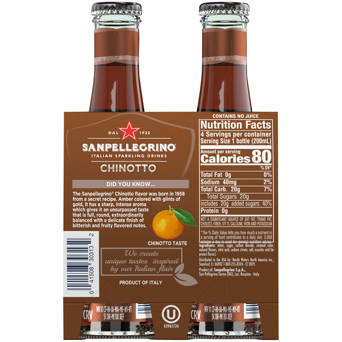 Close-up of Sanpellegrino Chinotto label highlighting natural flavors and no artificial sweeteners.