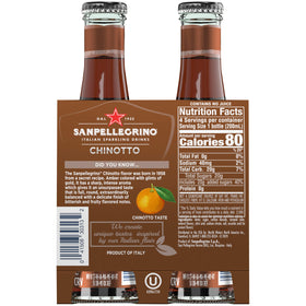 Close-up of Sanpellegrino Chinotto label highlighting natural flavors and no artificial sweeteners.