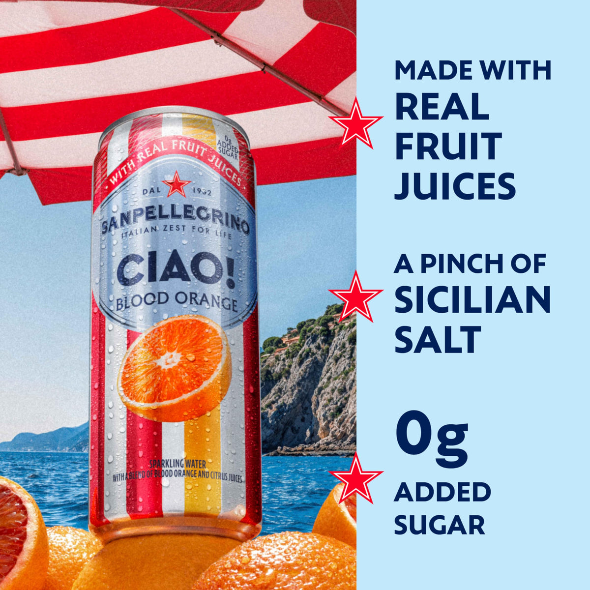 Sanpellegrino CIAO Blood Orange being poured into a glass for a refreshing sip