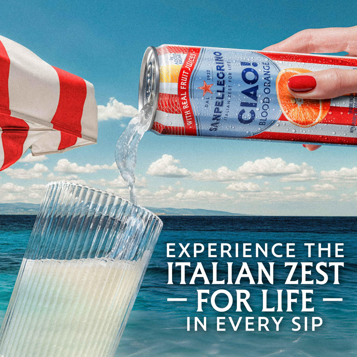 Sanpellegrino CIAO Blood Orange label close-up showing real fruit juice blend