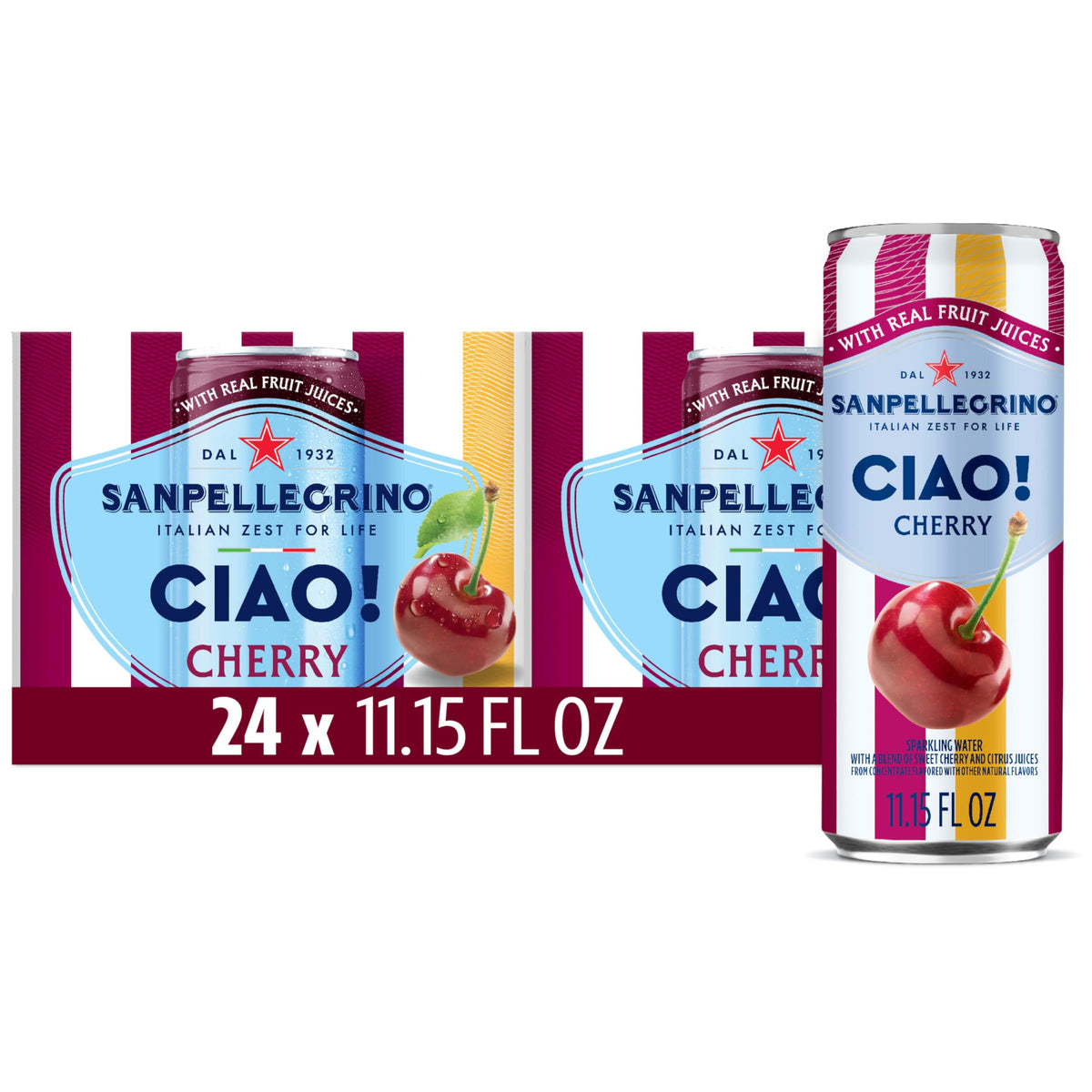 San Pellegrino CIAO cherry can front, crisp low-calorie refreshment