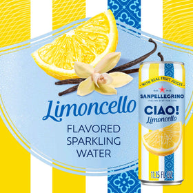 Close-up of Sanpellegrino CIAO Limoncello label highlighting real fruit juices