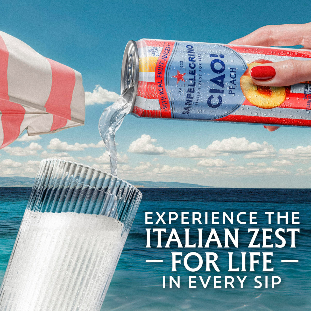 San Pellegrino CIAO peach can, low-calorie treat without added sugar.