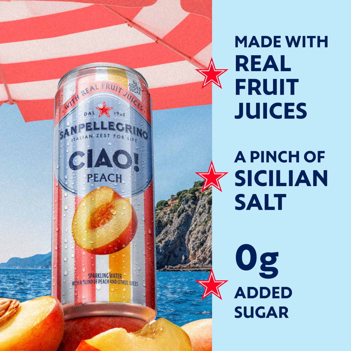 San Pellegrino CIAO peach glass pour, cool and inviting.