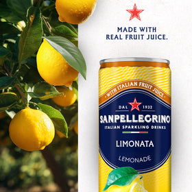 Sanpellegrino Limonata can close-up shows natural lemon juice flavor.