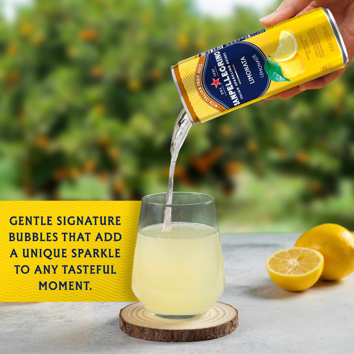 Sanpellegrino Limonata label close-up emphasizes no artificial sweeteners.
