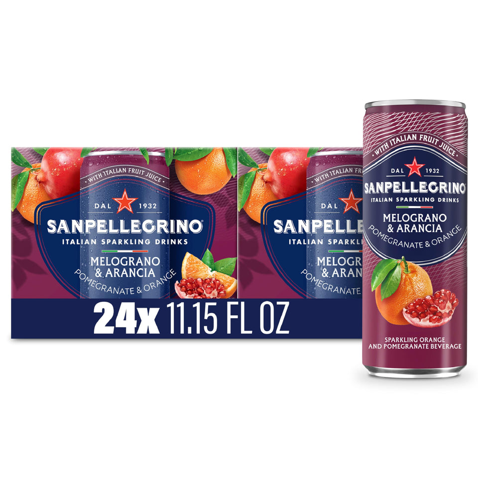 Sanpellegrino Melograno Arancia can front view, refreshing anytime beverage perfect for gatherings.