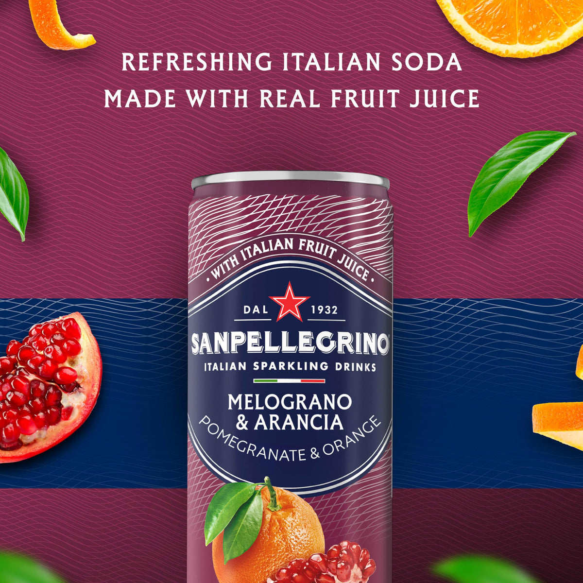 Sanpellegrino Melograno Arancia can being poured into a glass for a bright, refreshing sip.